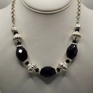Vintage Black Faceted Bead Silver Tone Ribbed Spacer Statement Necklace